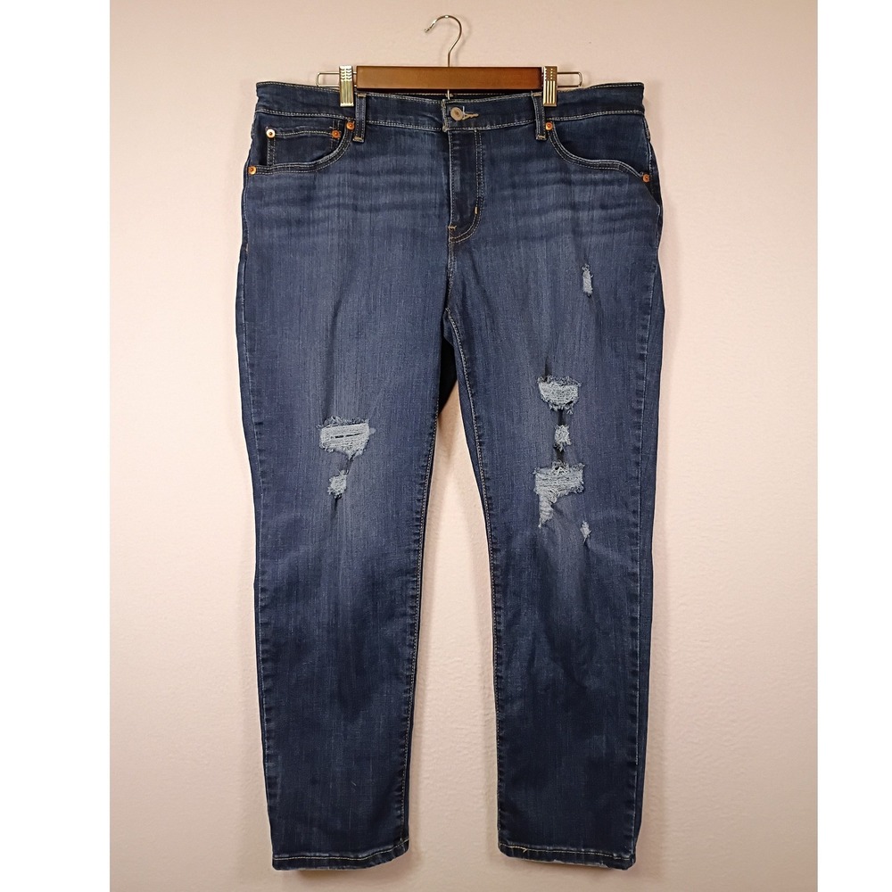 Grunge Levi's‎ Womens 32 Dark Blue Distressed Ripped Boyfriend Jeans 133-4098